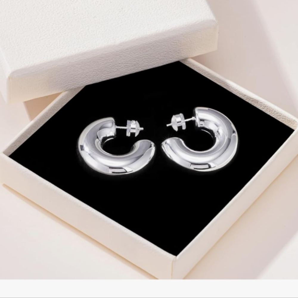Milan Stainless Steel Chunky Sleek Hoop Earrings Gold-Plated Silver Post - Picture 5 of 10